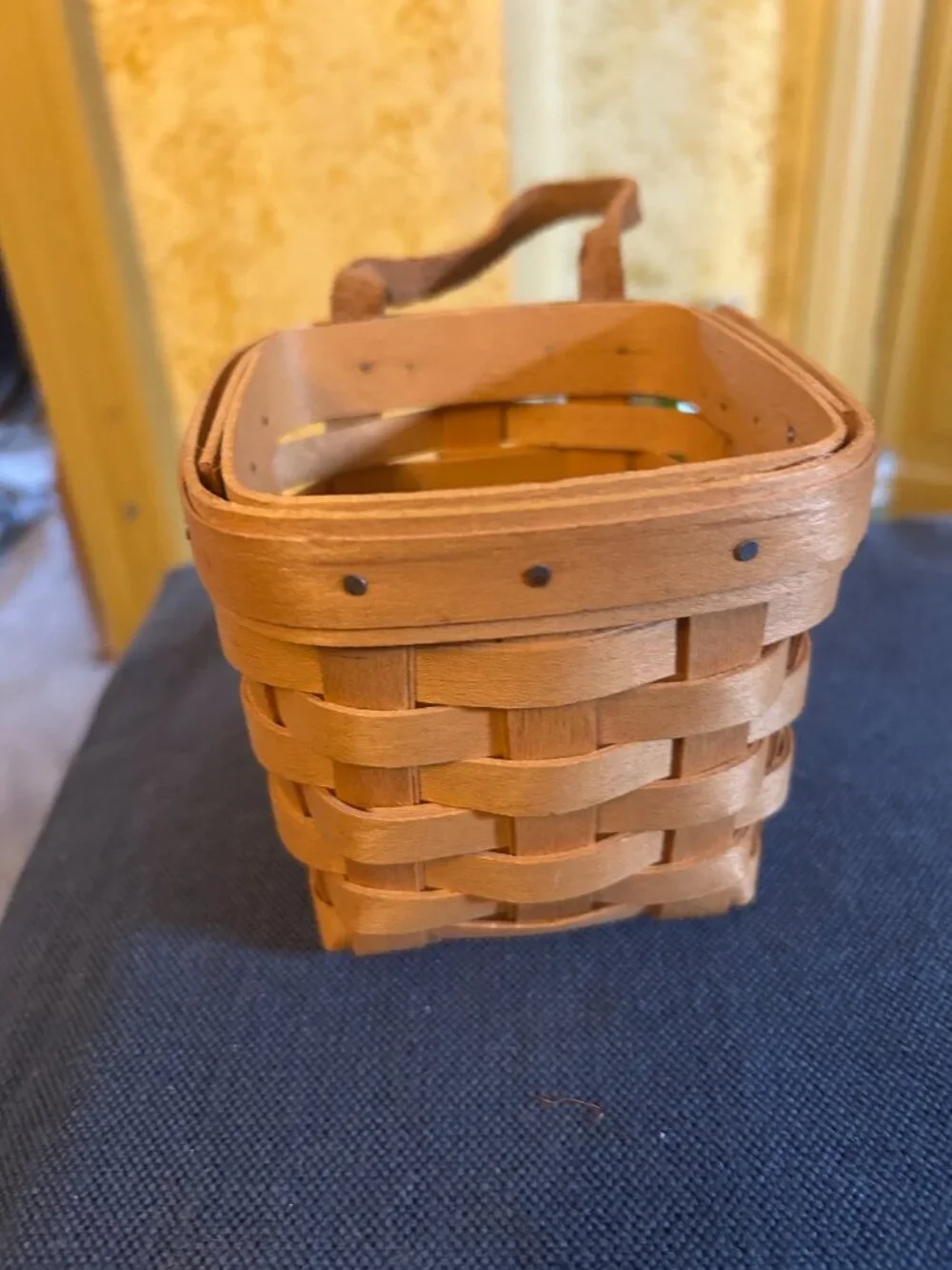 Longaberger Key Basket  4x4x4  square   leather strap w metal hanger on back